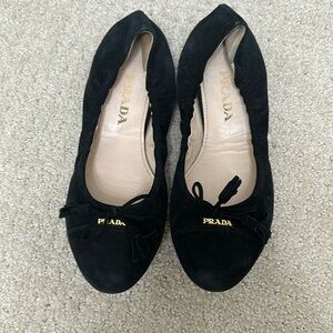 Prada black suede bow accent ballet flats 36.5